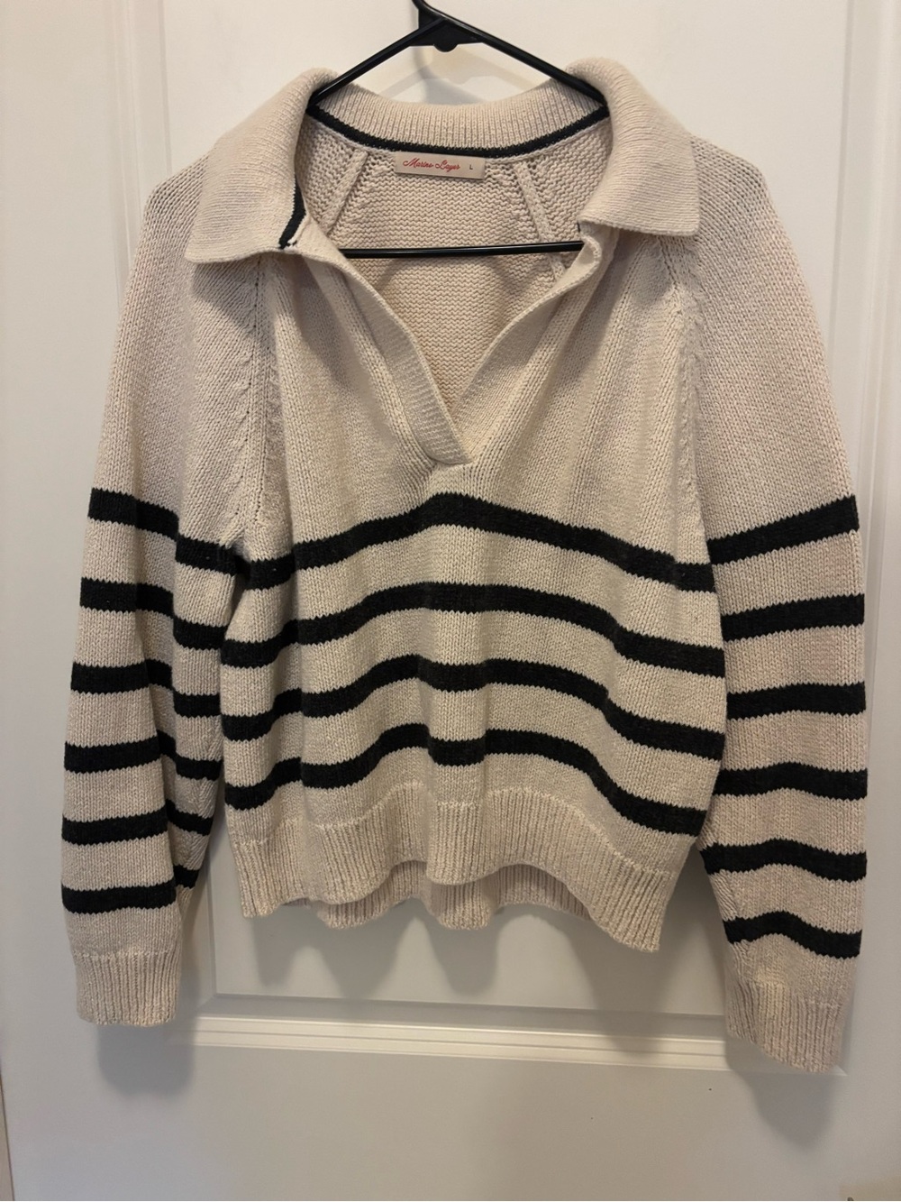 Marine Layer Cream and Black Striped V-Neck Pullover